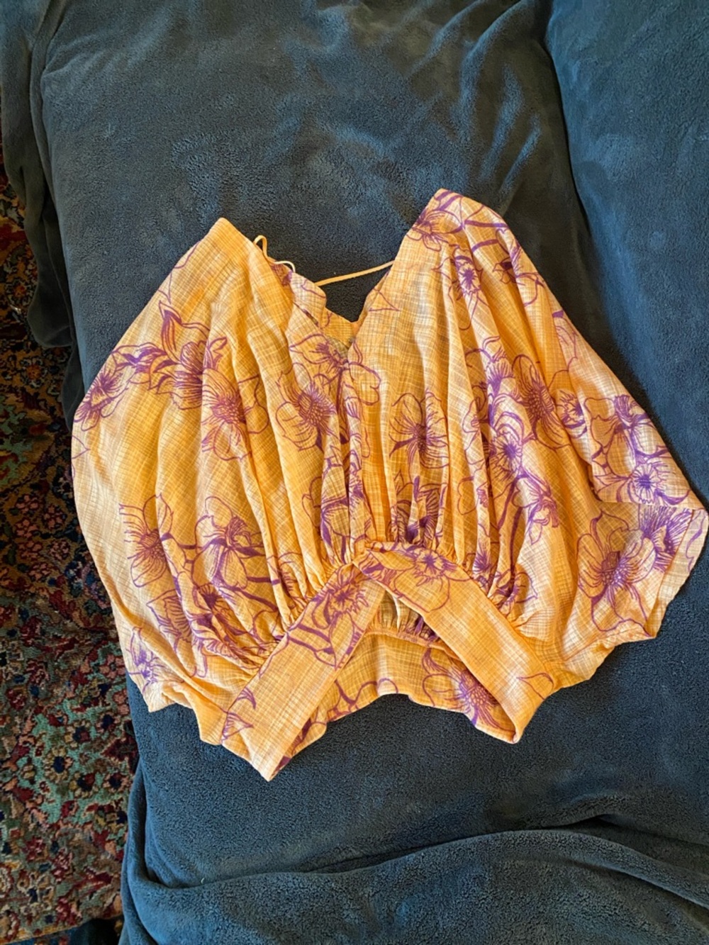 Women's Yellow Floral V-Neck Blouse with Purple Print